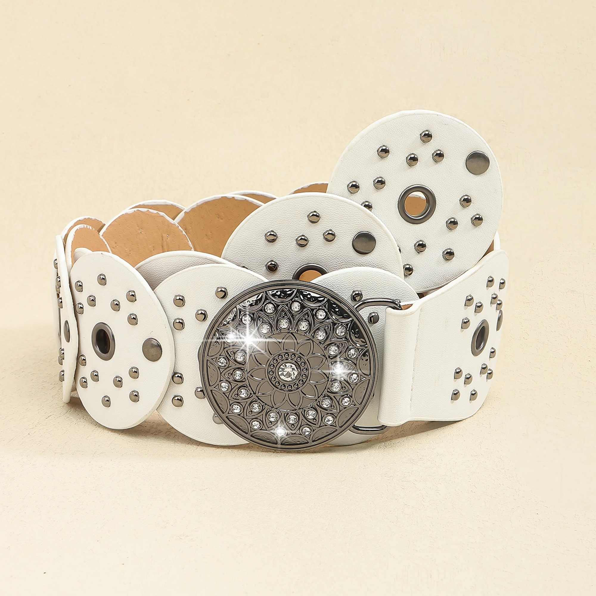 New retro design sense disc punch stitching belt rivets metal buckle PU belt 2024 fashion personality