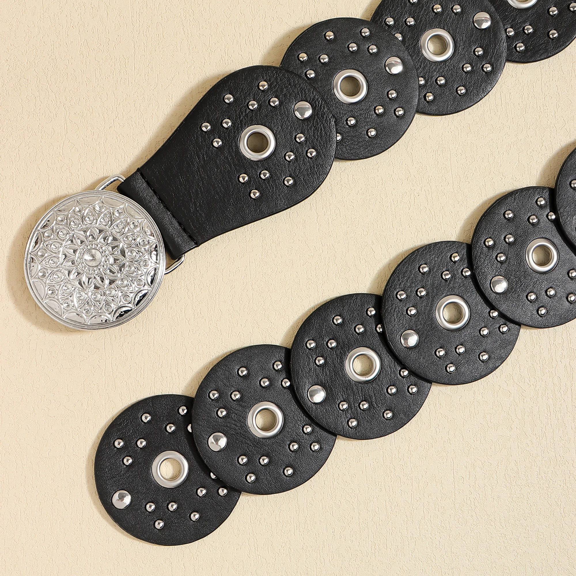 New retro design sense disc punch stitching belt rivets metal buckle PU belt 2024 fashion personality