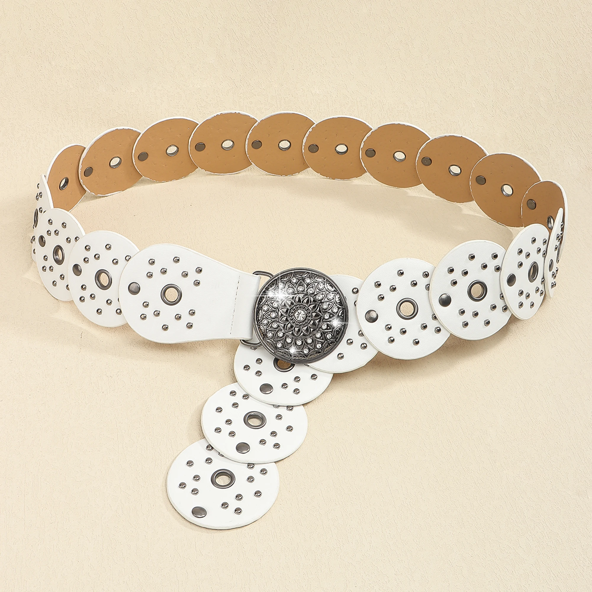 New retro design sense disc punch stitching belt rivets metal buckle PU belt 2024 fashion personality