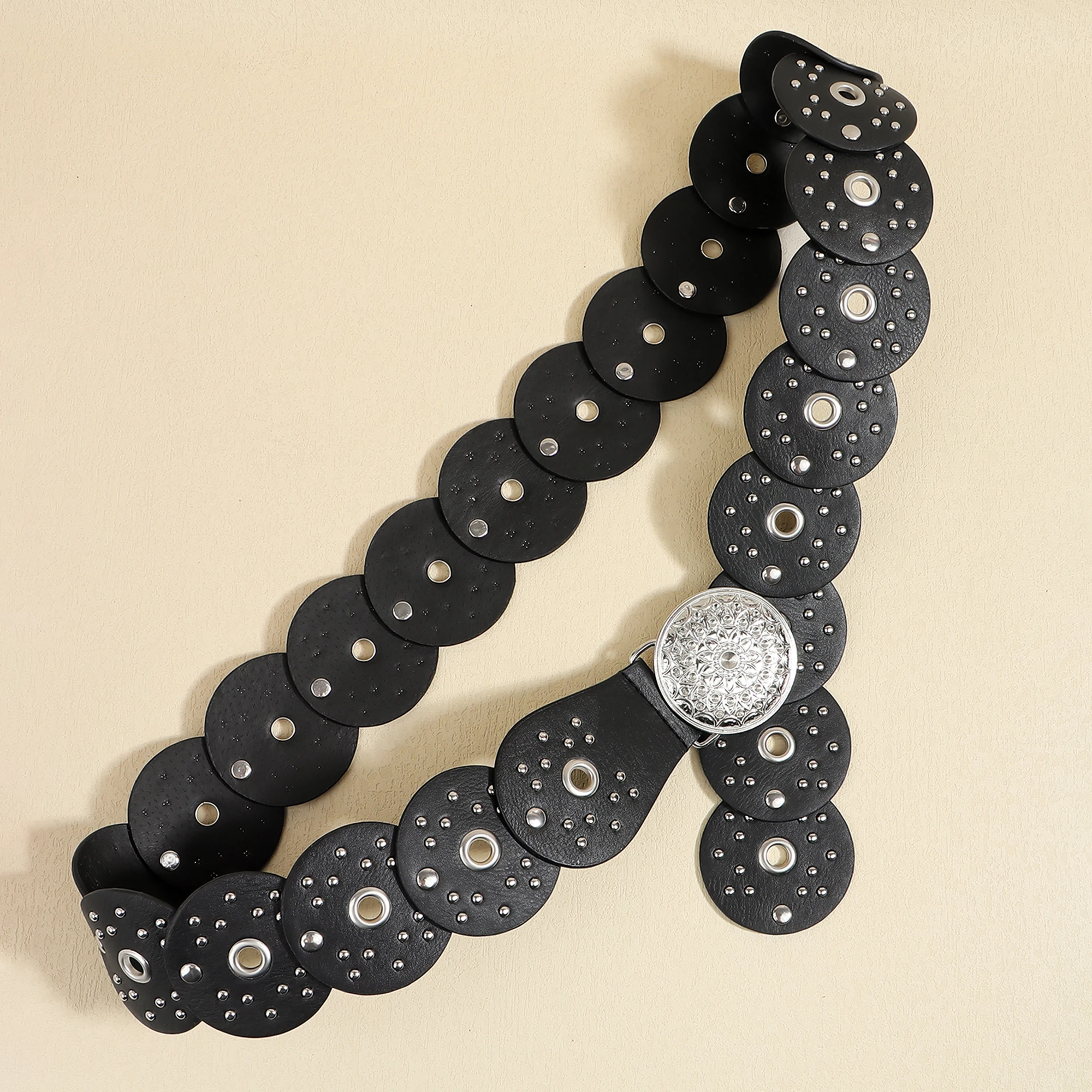 New retro design sense disc punch stitching belt rivets metal buckle PU belt 2024 fashion personality