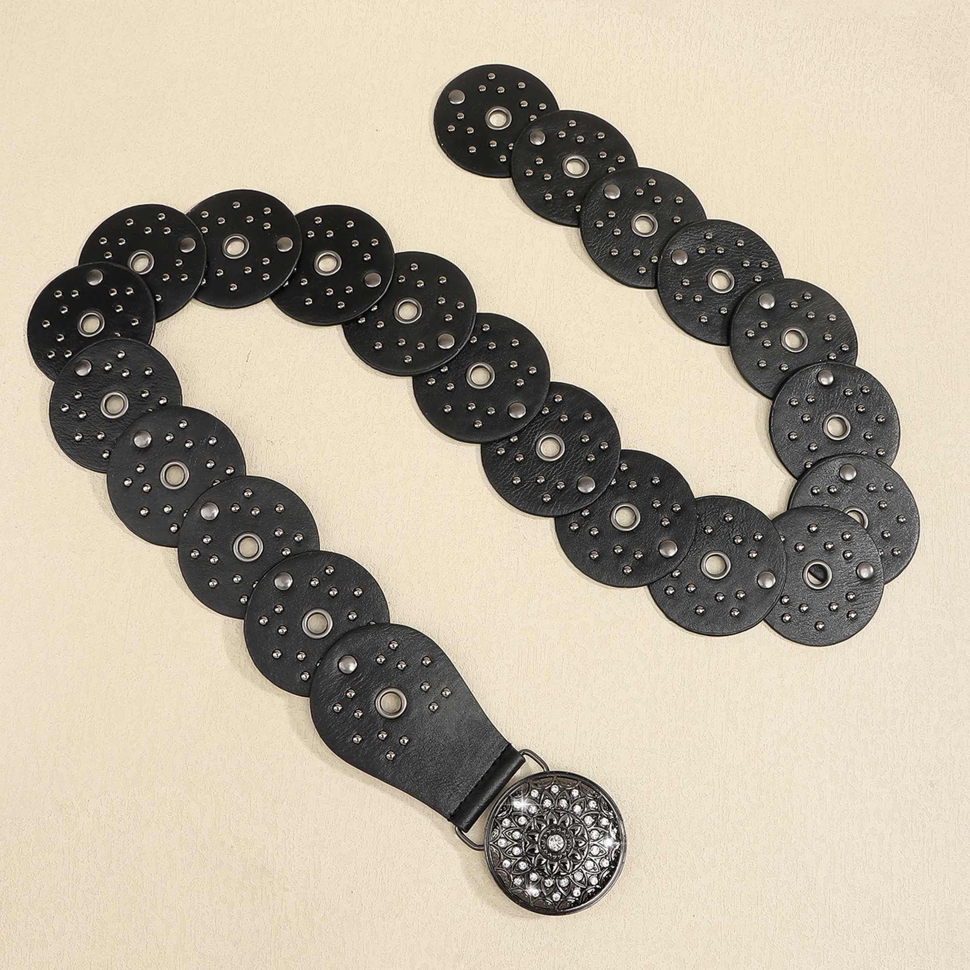 New retro design sense disc punch stitching belt rivets metal buckle PU belt 2024 fashion personality