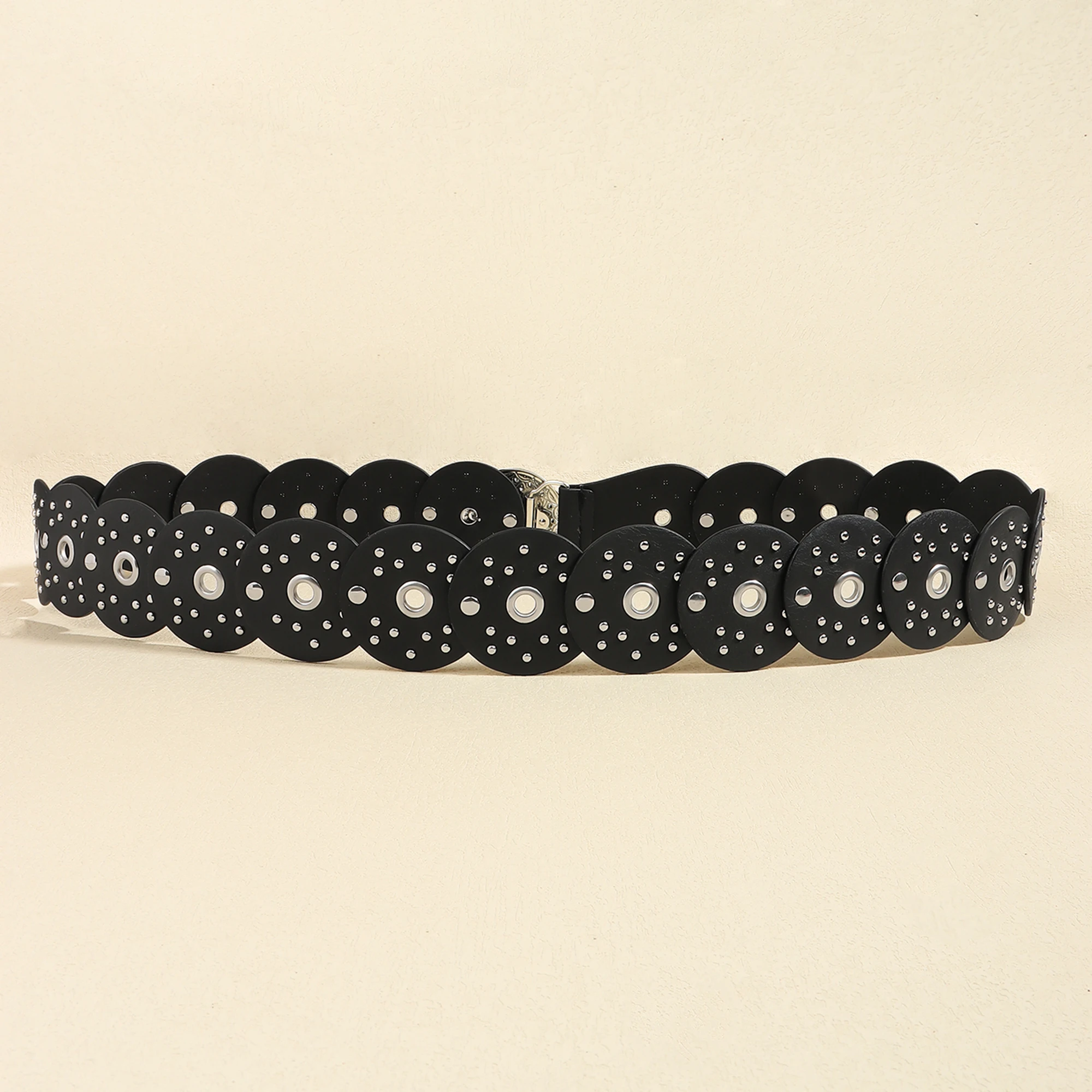 New retro design sense disc punch stitching belt rivets metal buckle PU belt 2024 fashion personality