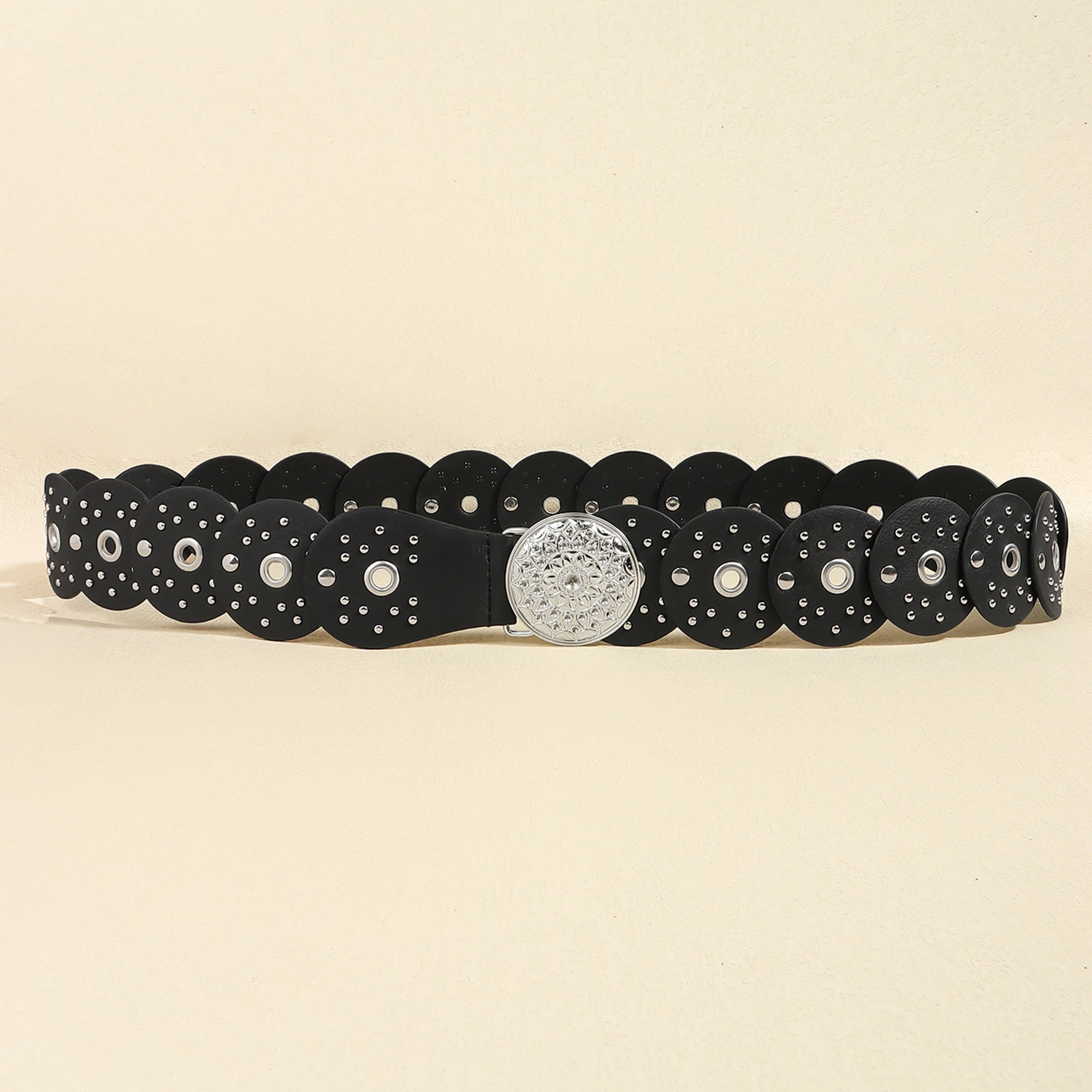 New retro design sense disc punch stitching belt rivets metal buckle PU belt 2024 fashion personality