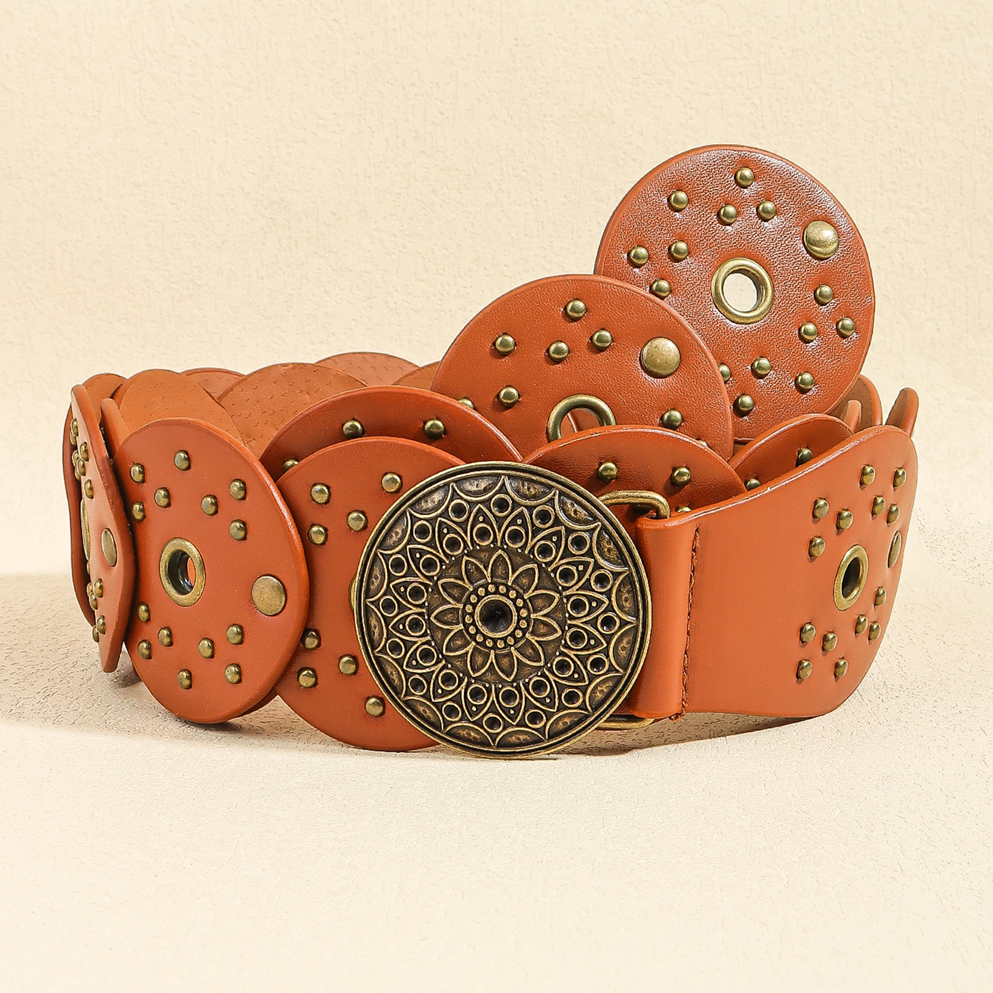 New retro design sense disc punch stitching belt rivets metal buckle PU belt 2024 fashion personality