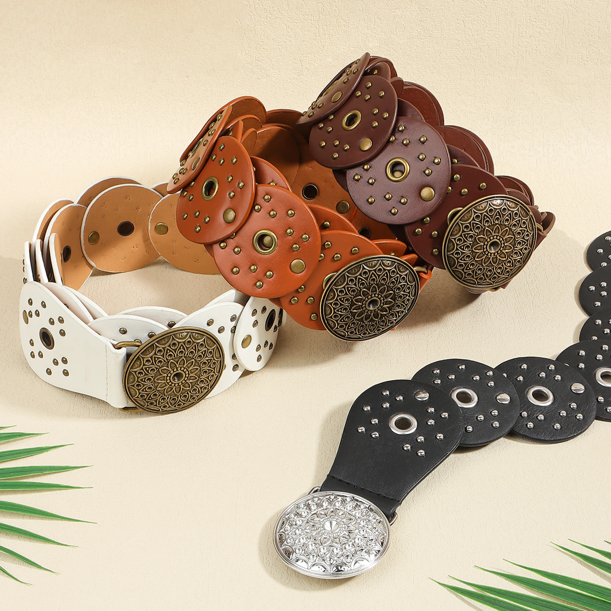 New retro design sense disc punch stitching belt rivets metal buckle PU belt 2024 fashion personality