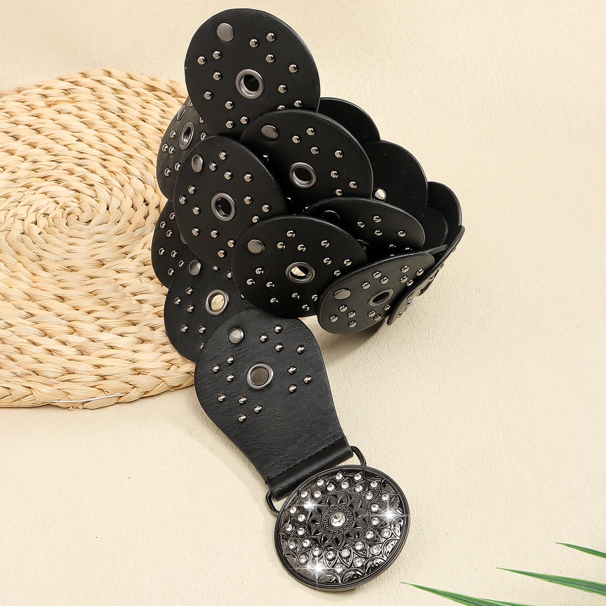 New retro design sense disc punch stitching belt rivets metal buckle PU belt 2024 fashion personality