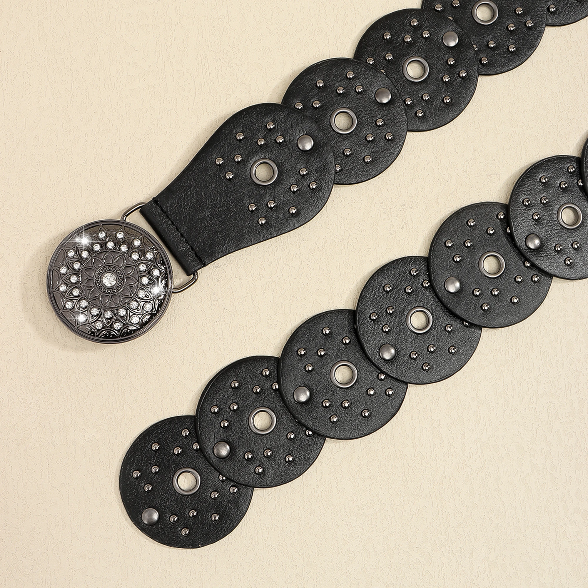 New retro design sense disc punch stitching belt rivets metal buckle PU belt 2024 fashion personality
