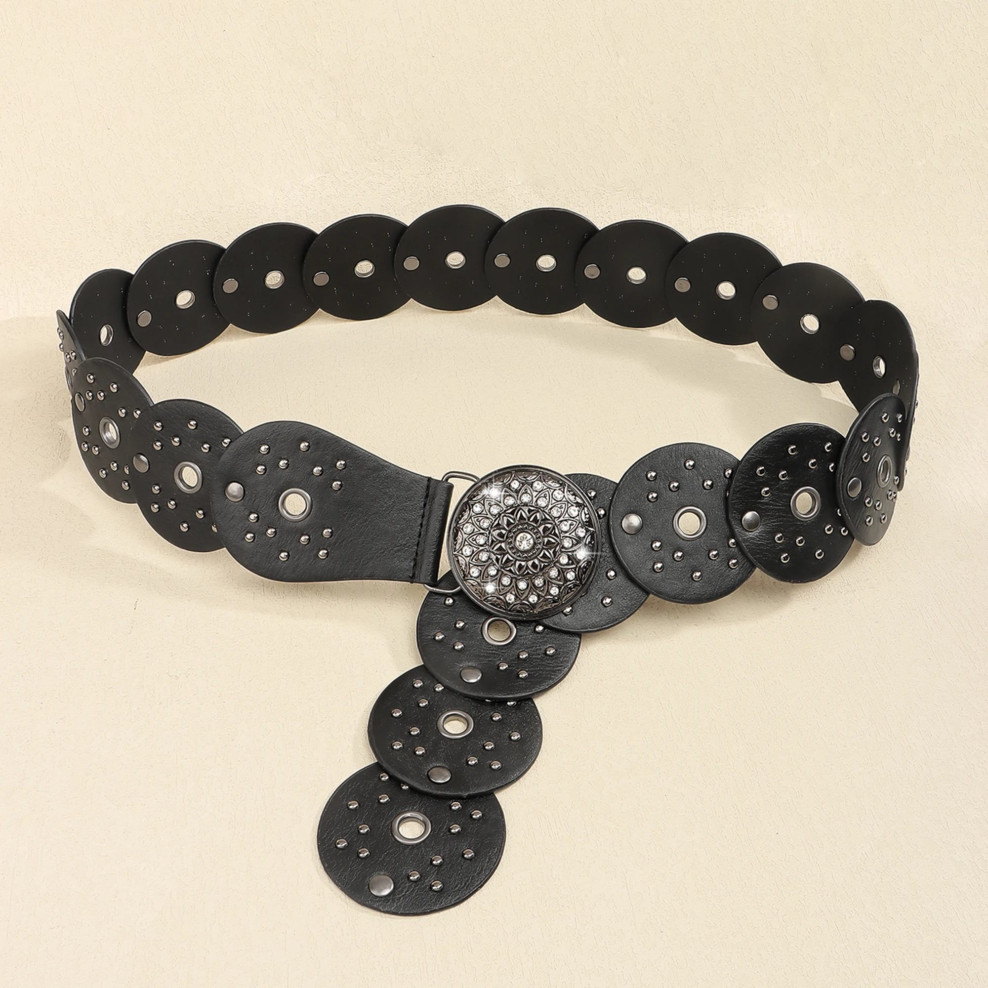 New retro design sense disc punch stitching belt rivets metal buckle PU belt 2024 fashion personality