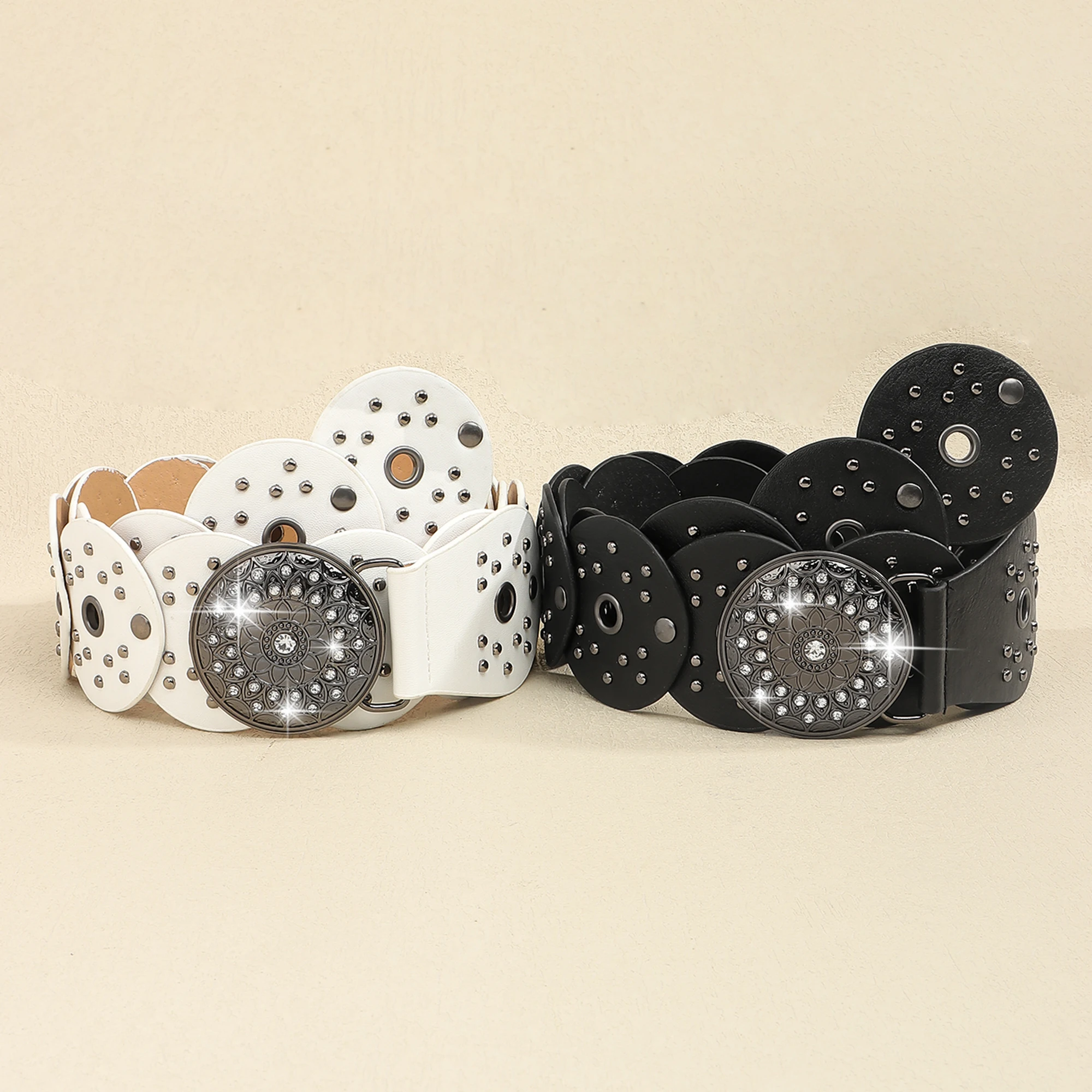 New retro design sense disc punch stitching belt rivets metal buckle PU belt 2024 fashion personality