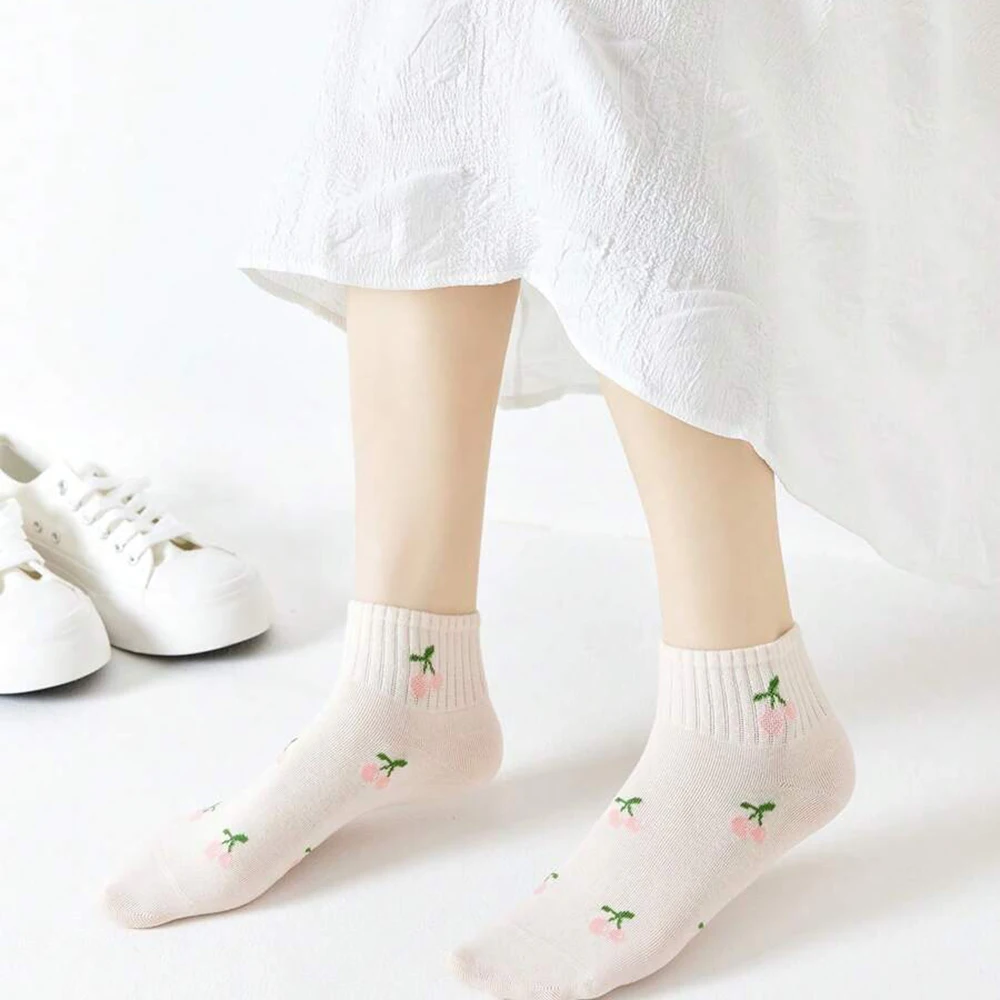 5/10 Pairs Women Striped Ankle Socks Fashionable Breathable Comfortable Spring Summer Cute Pink Fruit Pattern Casual Socks
