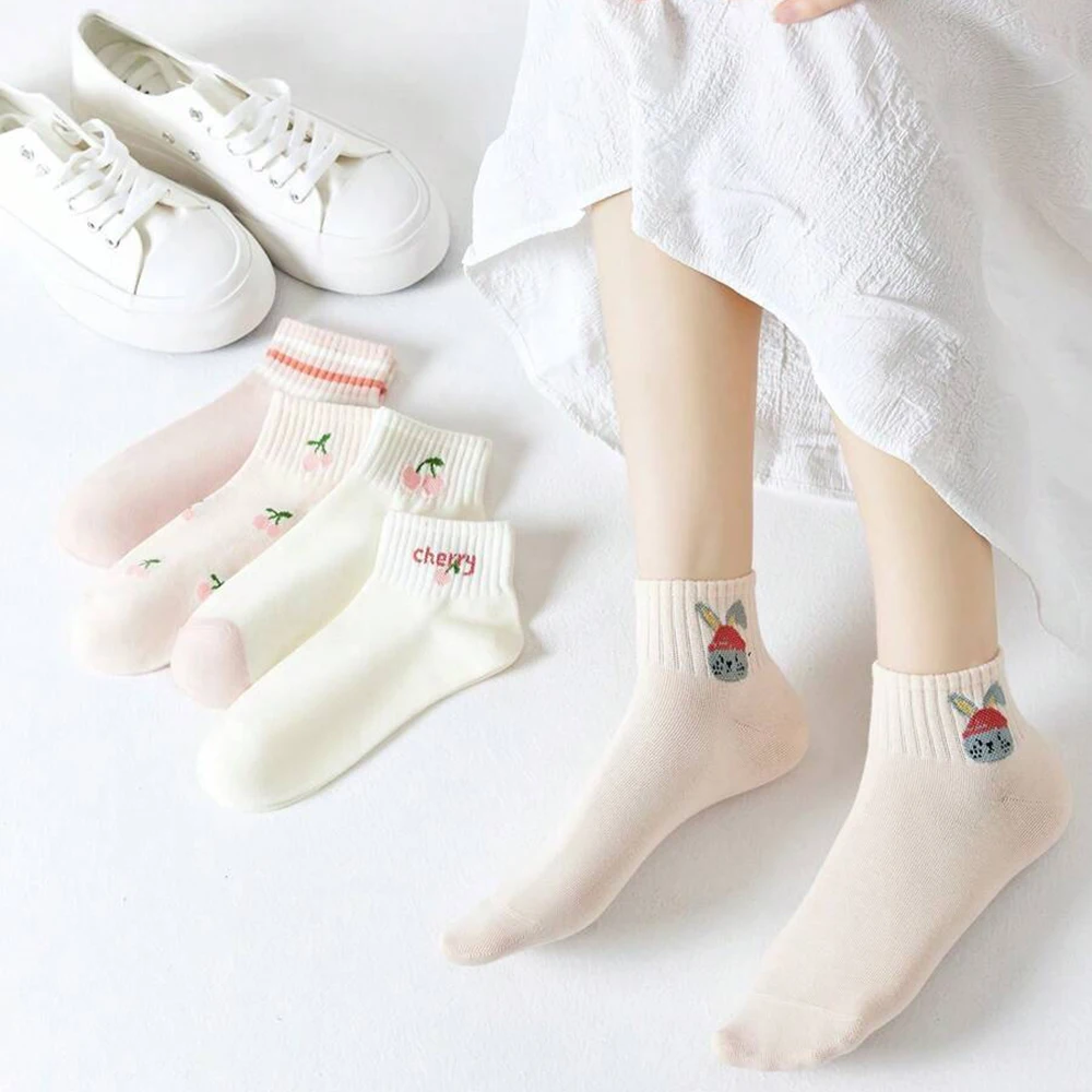 5/10 Pairs Women Striped Ankle Socks Fashionable Breathable Comfortable Spring Summer Cute Pink Fruit Pattern Casual Socks