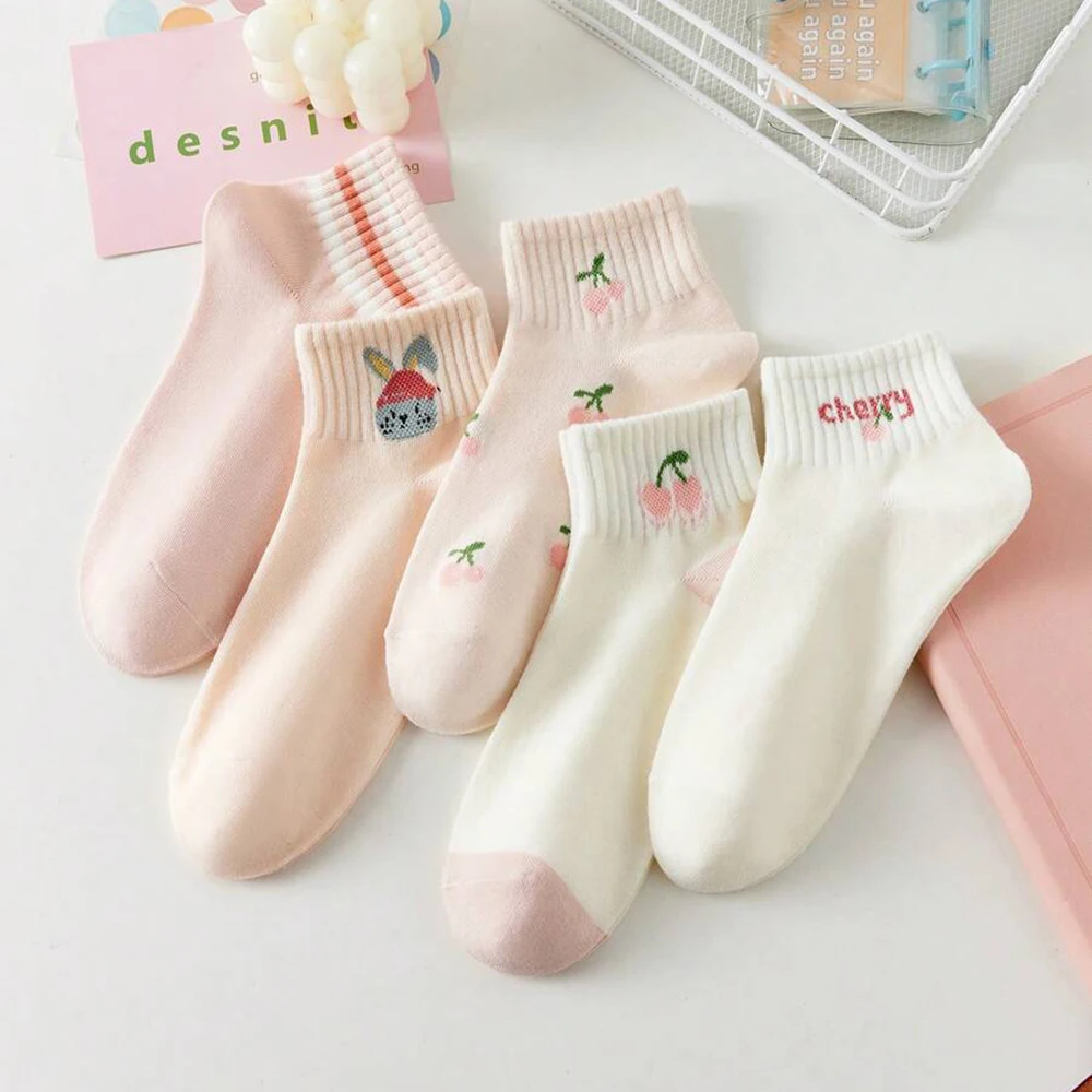 5/10 Pairs Women Striped Ankle Socks Fashionable Breathable Comfortable Spring Summer Cute Pink Fruit Pattern Casual Socks