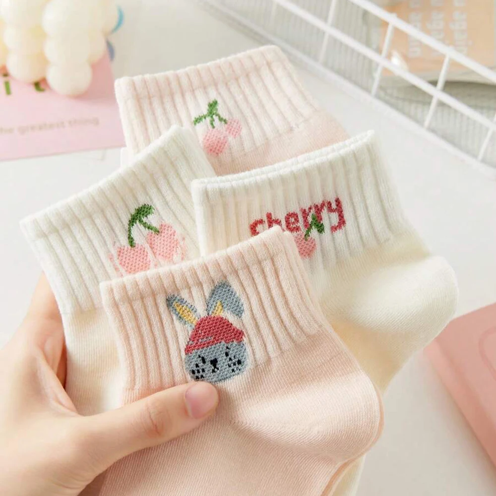 5/10 Pairs Women Striped Ankle Socks Fashionable Breathable Comfortable Spring Summer Cute Pink Fruit Pattern Casual Socks