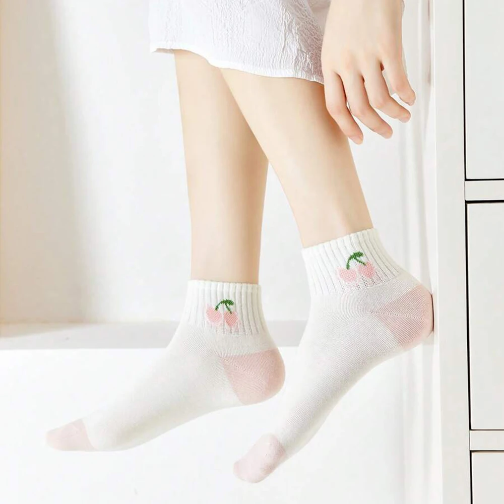 5/10 Pairs Women Striped Ankle Socks Fashionable Breathable Comfortable Spring Summer Cute Pink Fruit Pattern Casual Socks