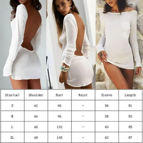 Sexy Backless White Evening Party Dress Women Elegant Long Sleeve Solid Color Loose Club Holiday Casual Mini Dress