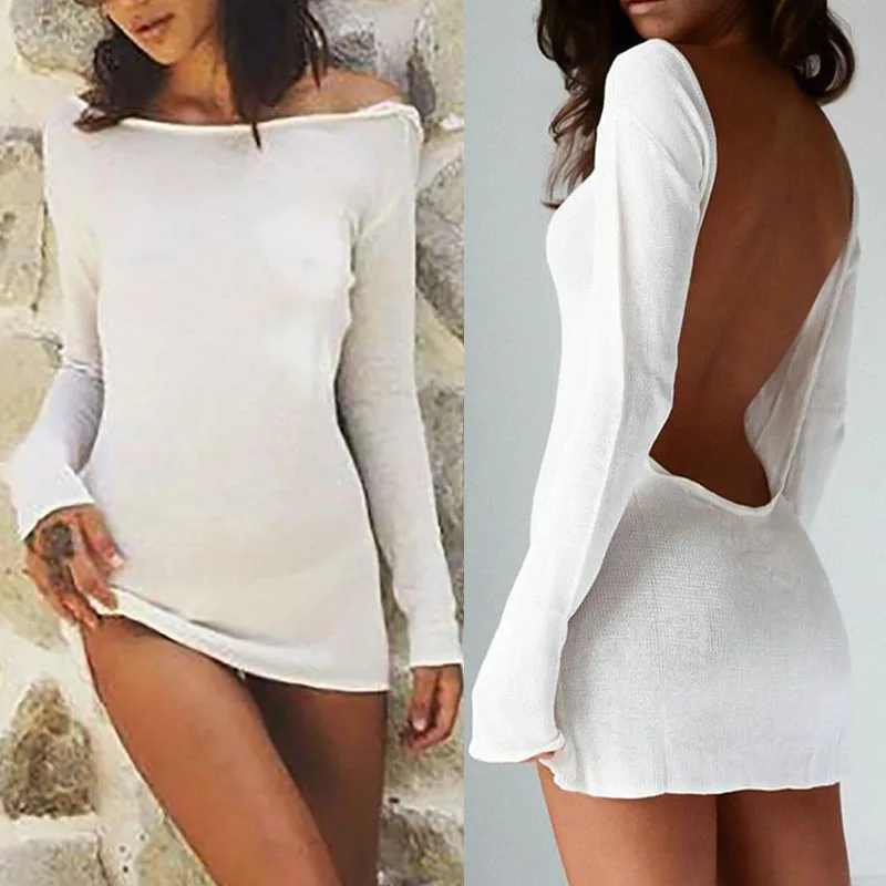 Sexy Backless White Evening Party Dress Women Elegant Long Sleeve Solid Color Loose Club Holiday Casual Mini Dress