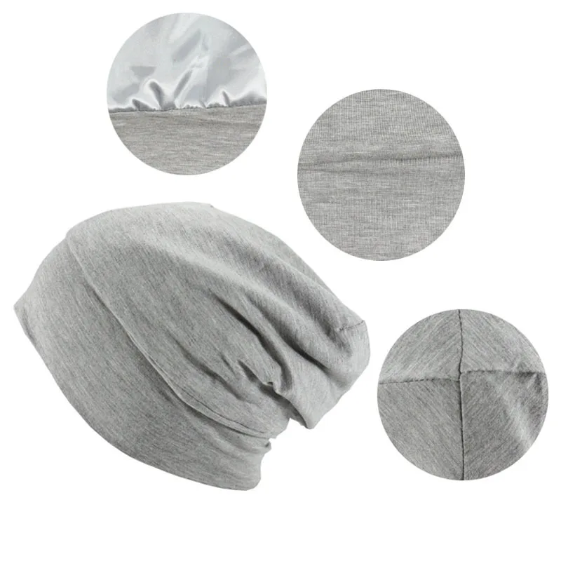 Satin Lined Hair Bonnet Hat For Women Men Bamboo Cotton Elastic Night Sleeping Cap Silk Skullies Beanie Hat Curly Hair Headwrap