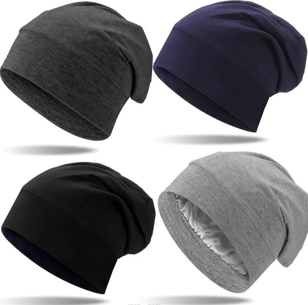 Satin Lined Hair Bonnet Hat For Women Men Bamboo Cotton Elastic Night Sleeping Cap Silk Skullies Beanie Hat Curly Hair Headwrap