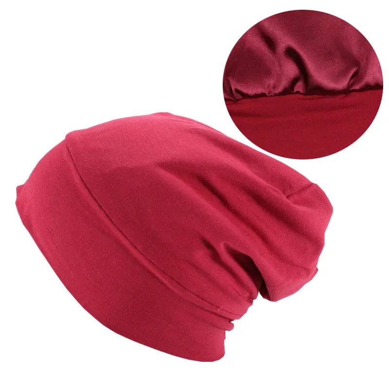 Satin Lined Hair Bonnet Hat For Women Men Bamboo Cotton Elastic Night Sleeping Cap Silk Skullies Beanie Hat Curly Hair Headwrap