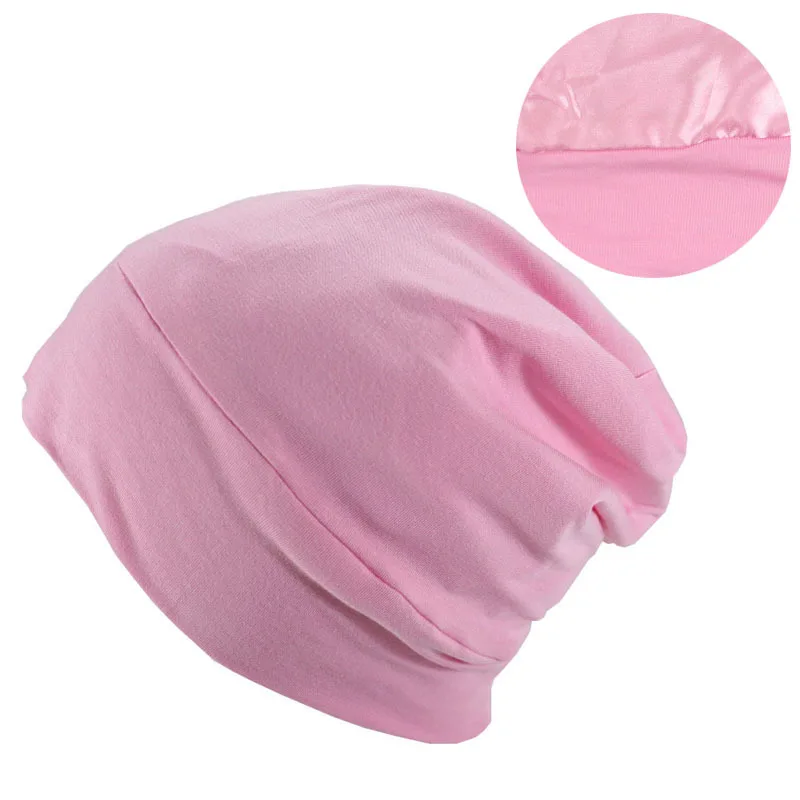 Satin Lined Hair Bonnet Hat For Women Men Bamboo Cotton Elastic Night Sleeping Cap Silk Skullies Beanie Hat Curly Hair Headwrap