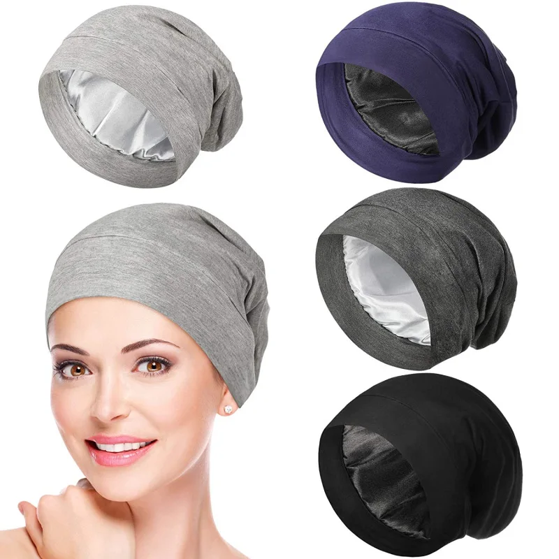 Satin Lined Hair Bonnet Hat For Women Men Bamboo Cotton Elastic Night Sleeping Cap Silk Skullies Beanie Hat Curly Hair Headwrap