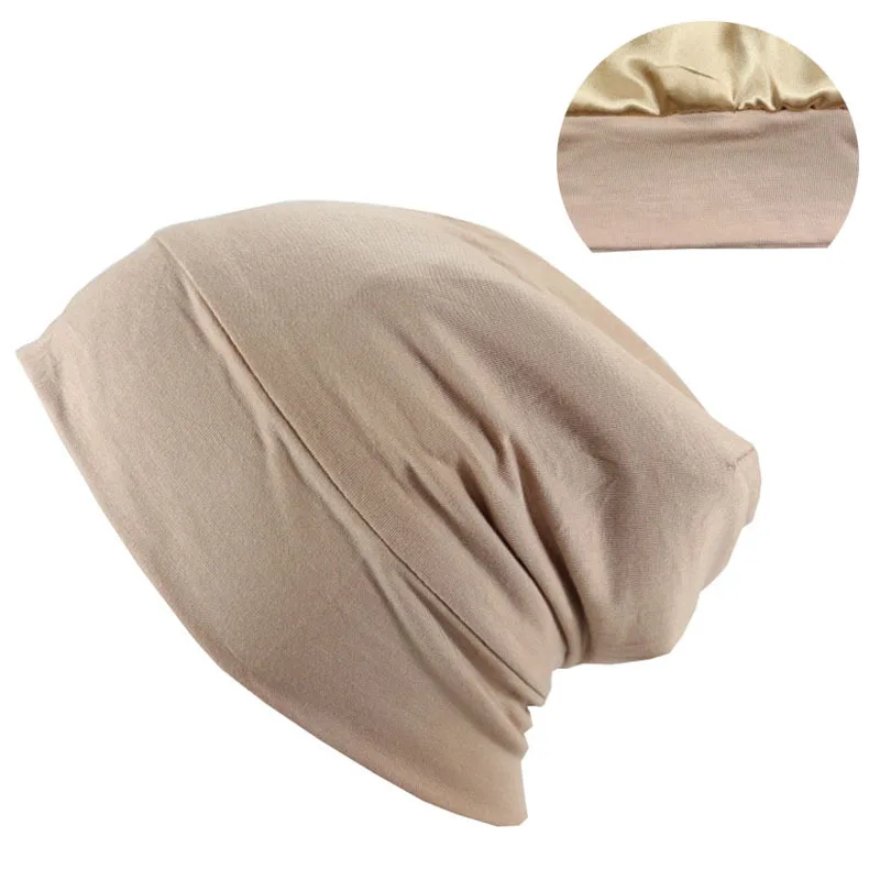 Satin Lined Hair Bonnet Hat For Women Men Bamboo Cotton Elastic Night Sleeping Cap Silk Skullies Beanie Hat Curly Hair Headwrap