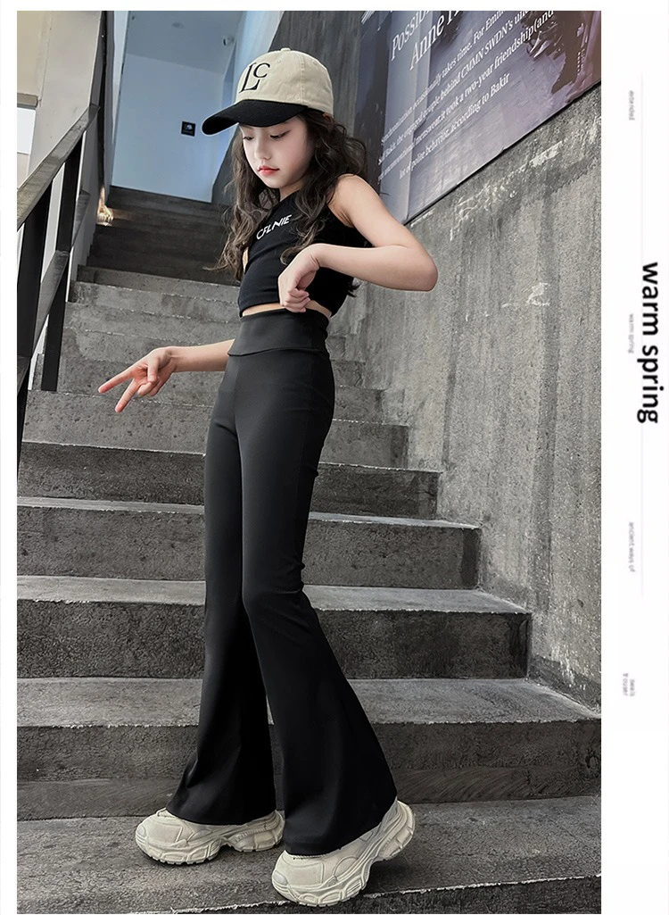 Fashionable And Comfortable High Elasticity High Waist Black Flared Yoga Pants, Suitable for girls aged 4-13
