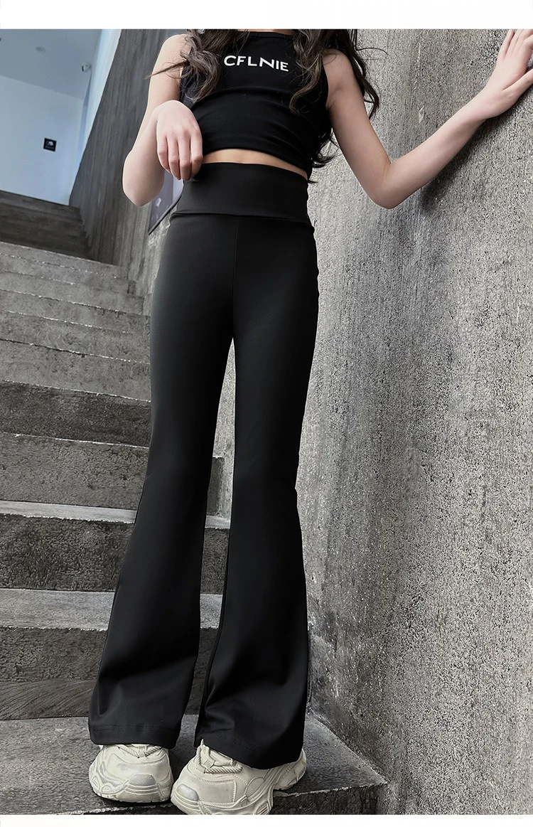 Fashionable And Comfortable High Elasticity High Waist Black Flared Yoga Pants, Suitable for girls aged 4-13