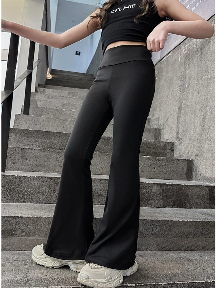 Fashionable And Comfortable High Elasticity High Waist Black Flared Yoga Pants, Suitable for girls aged 4-13