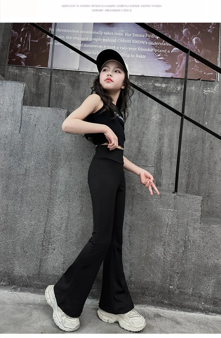 Fashionable And Comfortable High Elasticity High Waist Black Flared Yoga Pants, Suitable for girls aged 4-13