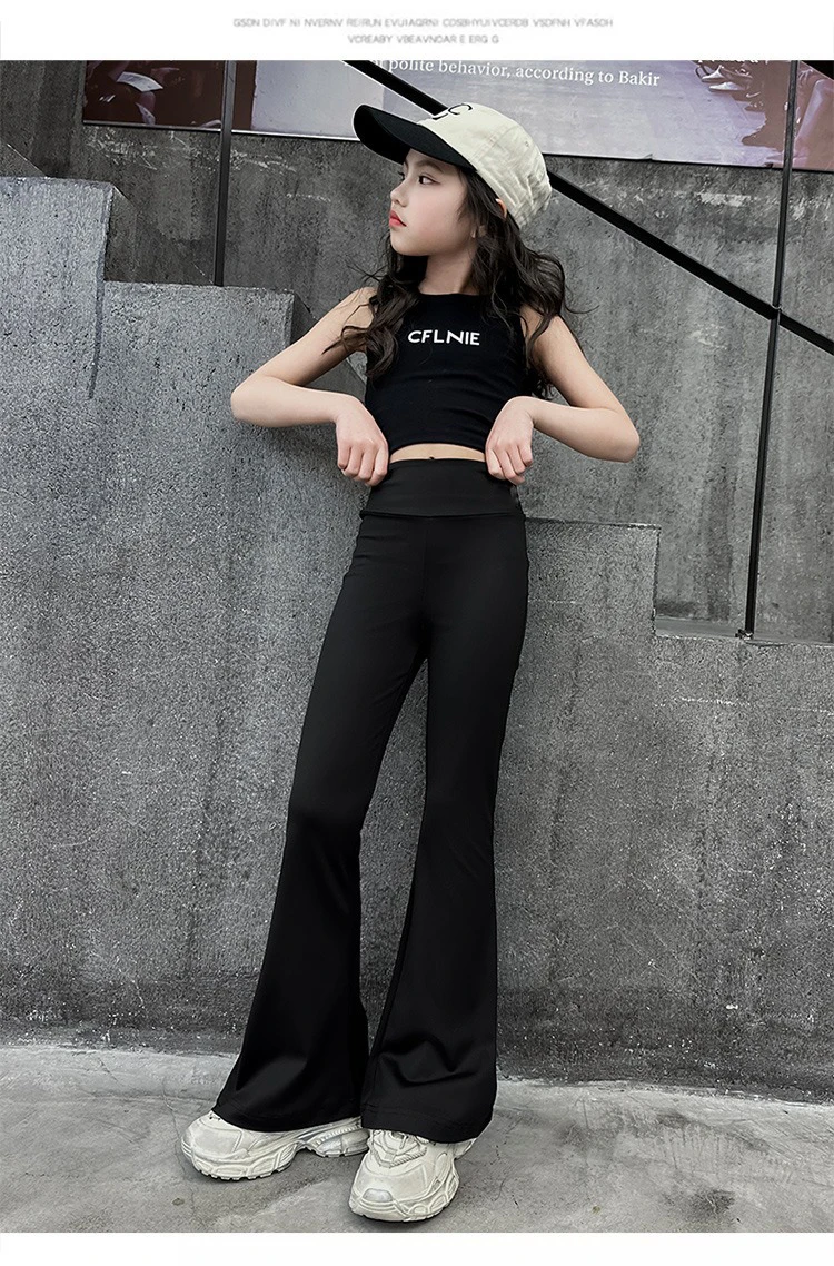 Fashionable And Comfortable High Elasticity High Waist Black Flared Yoga Pants, Suitable for girls aged 4-13