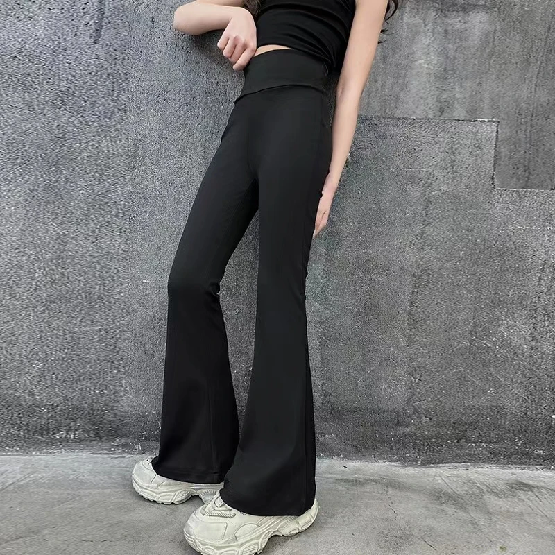 Fashionable And Comfortable High Elasticity High Waist Black Flared Yoga Pants, Suitable for girls aged 4-13