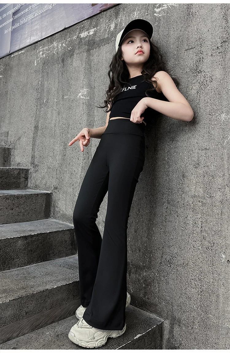 Fashionable And Comfortable High Elasticity High Waist Black Flared Yoga Pants, Suitable for girls aged 4-13