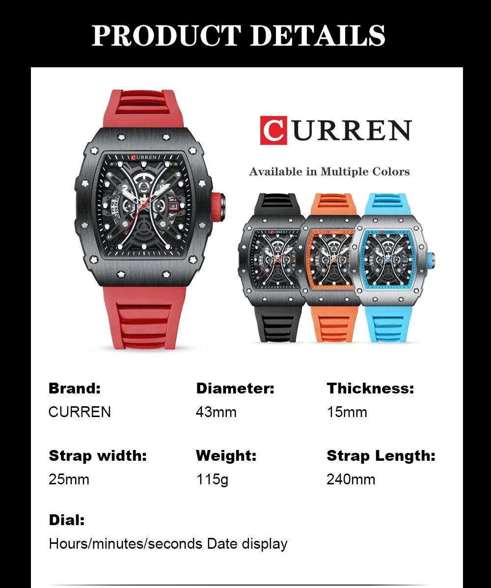 CURREN Luxury Factory Watch Men Calendar Sport Military Male Clock Brand Luxury Origianl PU Leather Steel Band Wristwatch 8208
