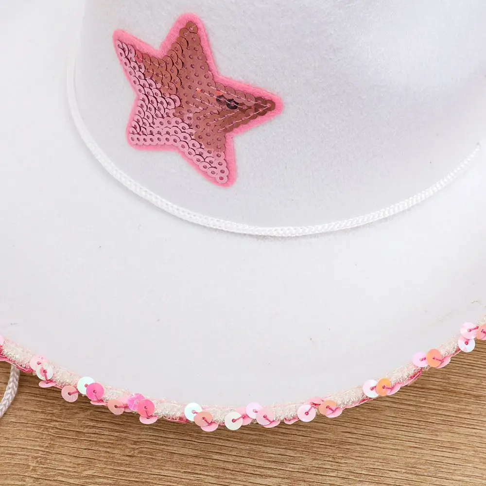 Summer Women Girls Adult Size Neck Draw String Adjustable Cow Girl Hat White Cowgirl Hat Cowboy Hat Pink Star