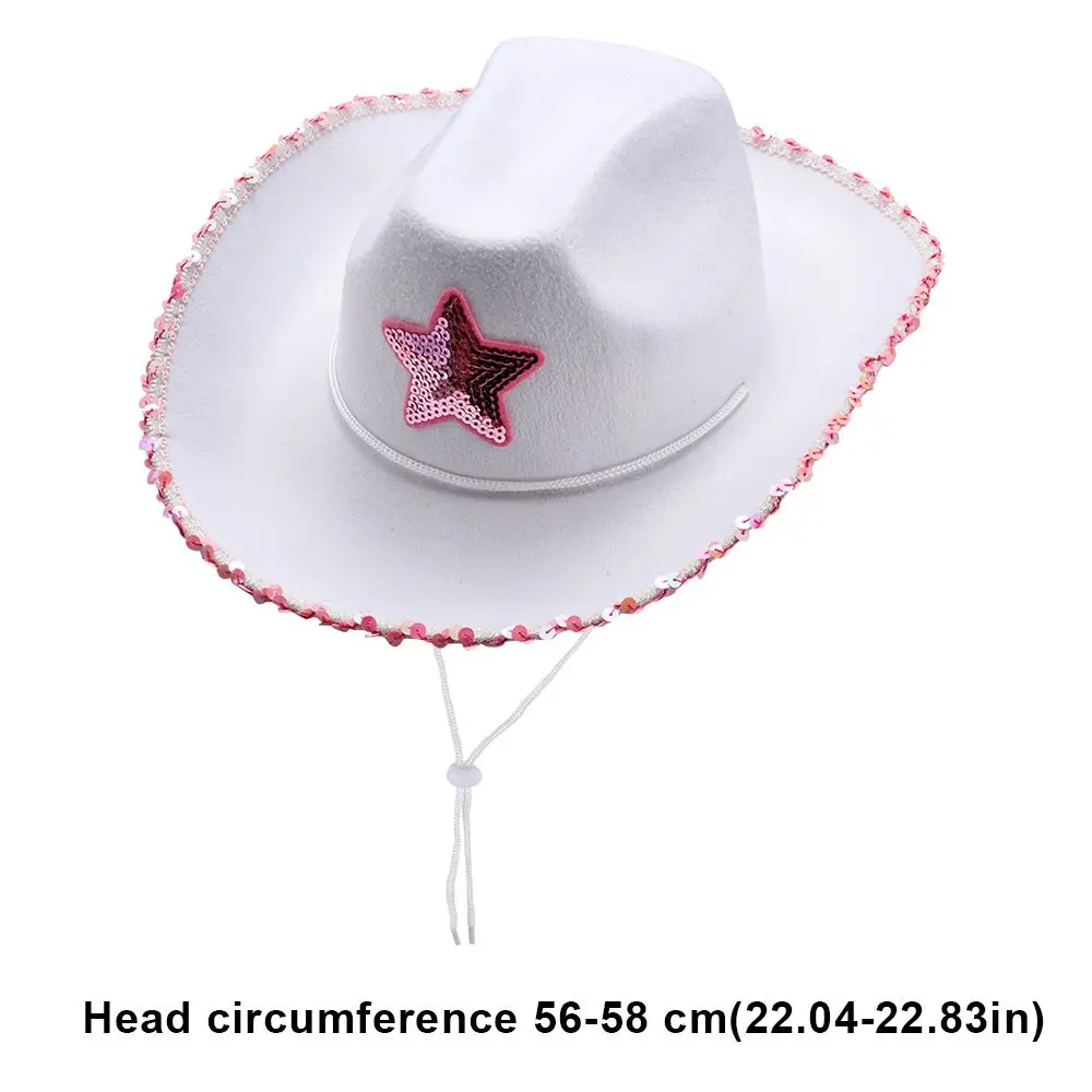 Summer Women Girls Adult Size Neck Draw String Adjustable Cow Girl Hat White Cowgirl Hat Cowboy Hat Pink Star