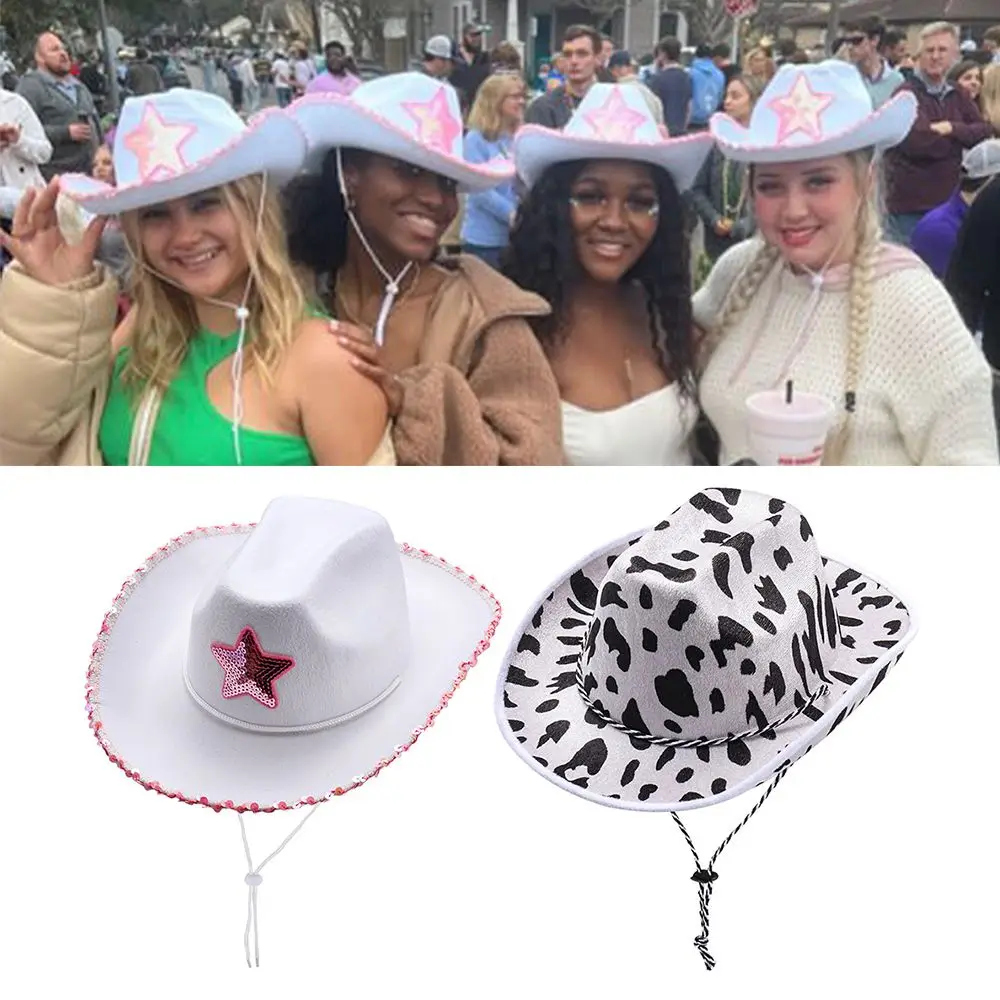 Summer Women Girls Adult Size Neck Draw String Adjustable Cow Girl Hat White Cowgirl Hat Cowboy Hat Pink Star