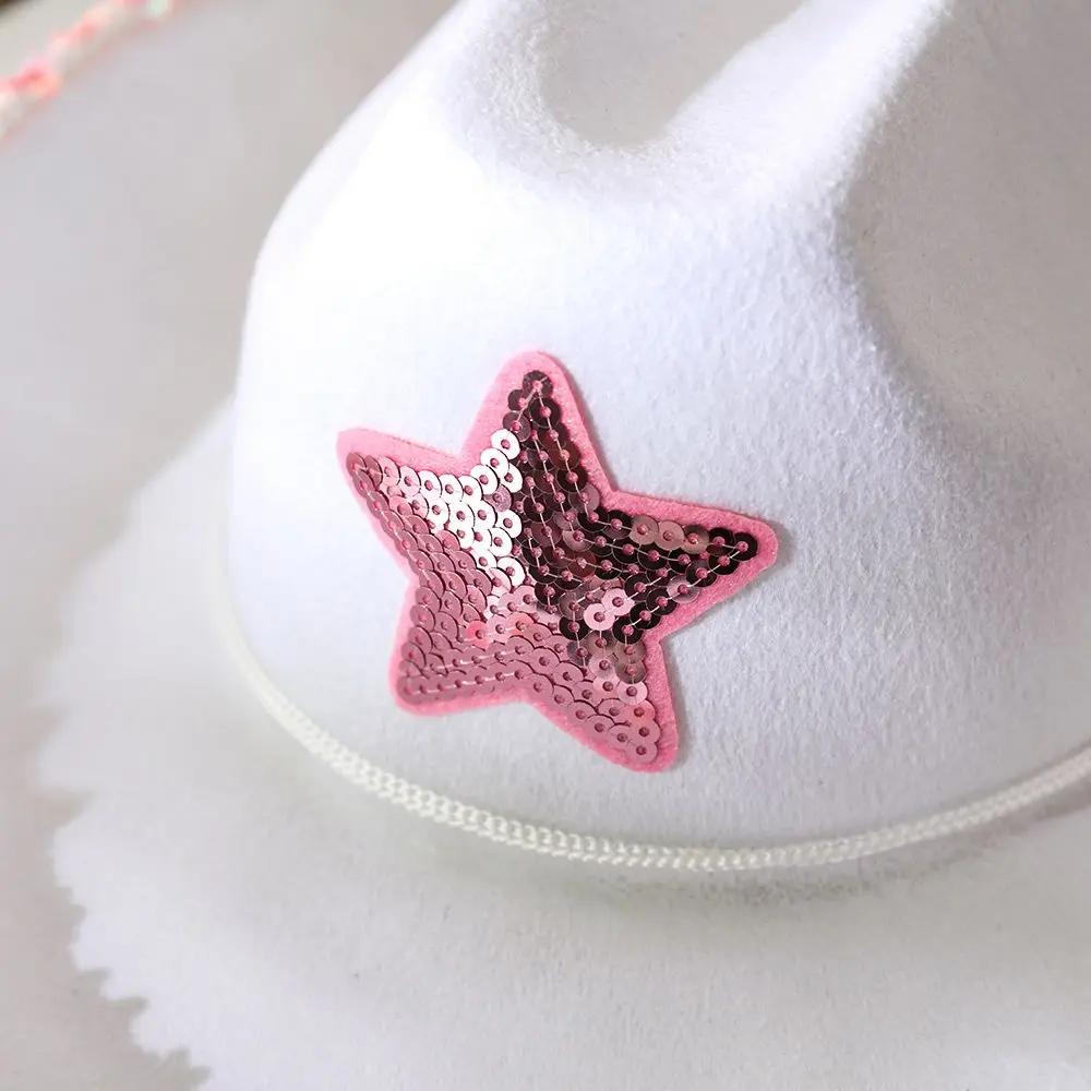 Summer Women Girls Adult Size Neck Draw String Adjustable Cow Girl Hat White Cowgirl Hat Cowboy Hat Pink Star
