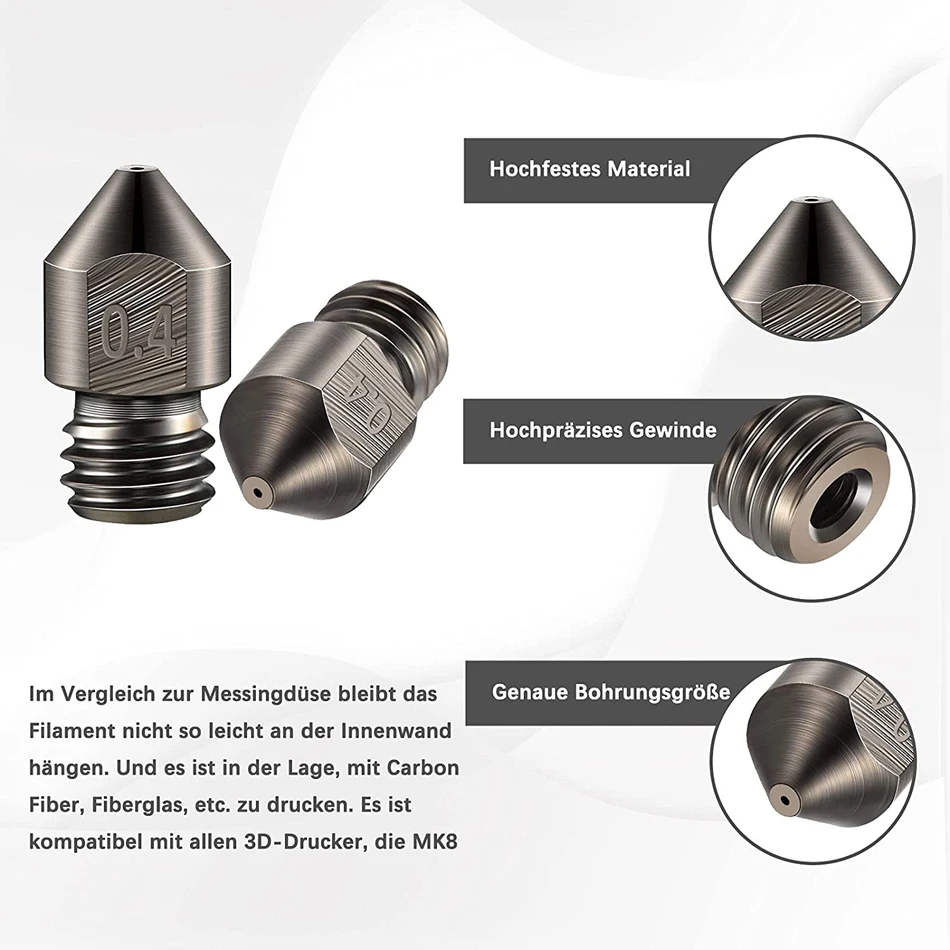 2/5/10PCS MK8 Hardened Steel Nozzles 0.2 0.4 0.6 0.8 1.0mm M6 Thread 1.75MM Filament for 3D printers Hotend CR10 Ender3