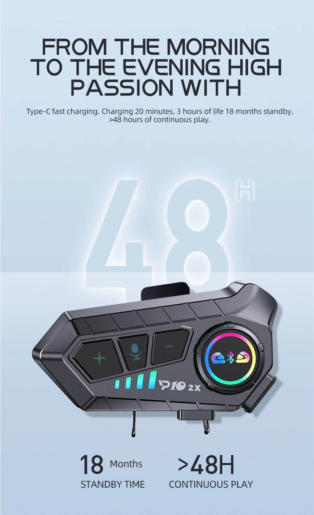 KEBIDUMEI 1/2x Motorcycle Intercom Headset Helmet BT 5.3 For 2 Riders Intercommunicator 300M Waterproof Music Sharing Interphone