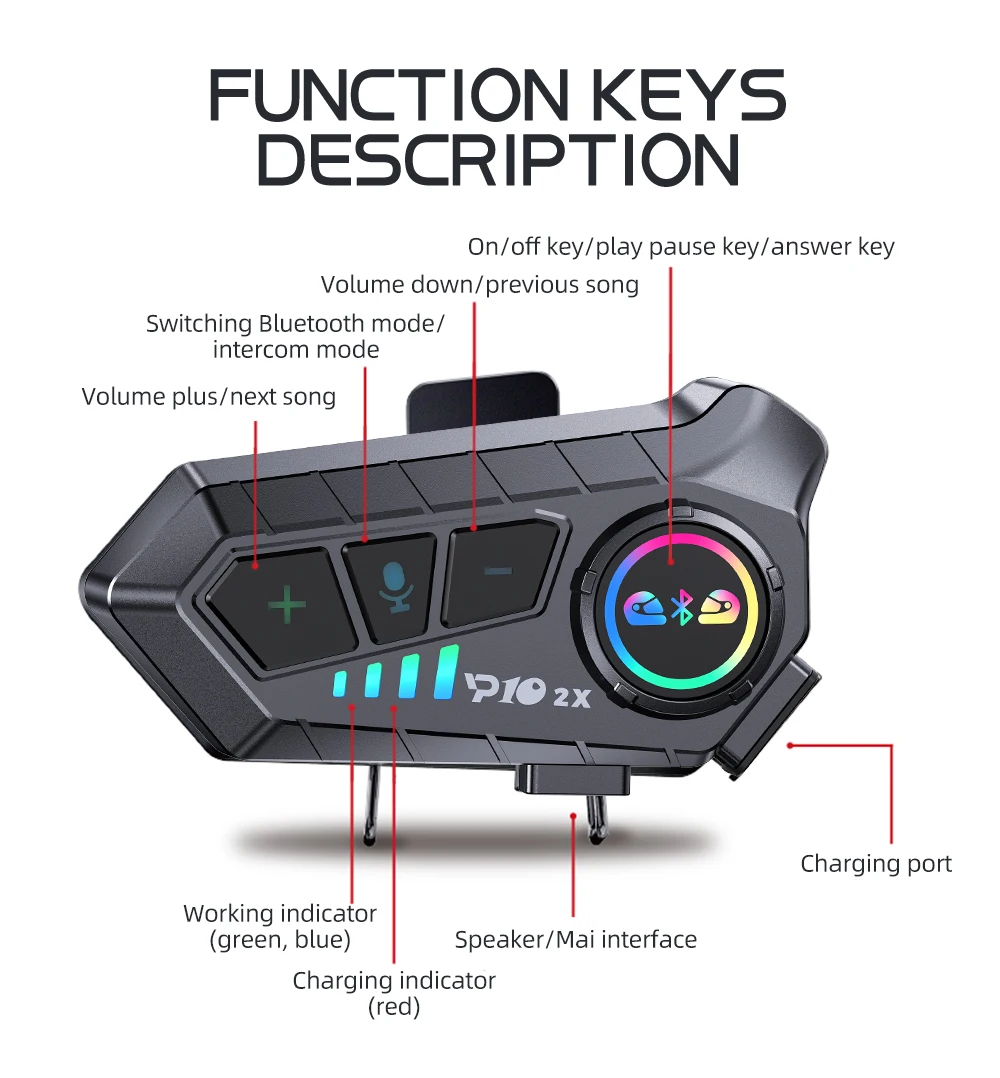 KEBIDUMEI 1/2x Motorcycle Intercom Headset Helmet BT 5.3 For 2 Riders Intercommunicator 300M Waterproof Music Sharing Interphone