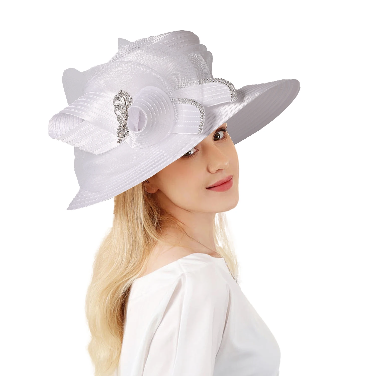 FS Luxury Wedding Bridal Party Hats For Women Bow Bowler Hat Elegant Satin Cloth Wide Brim Flat Top Sun Visor Cap Female Hat