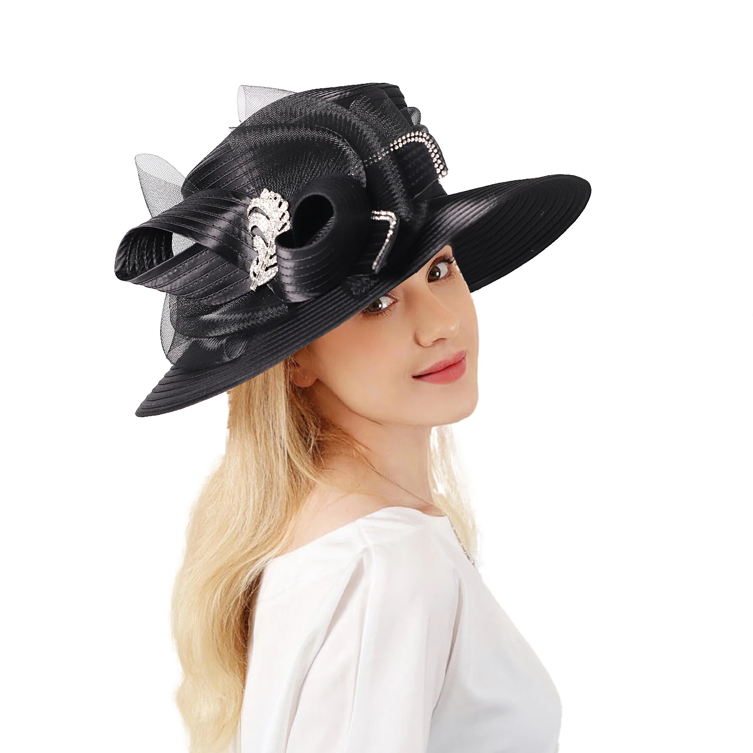 FS Luxury Wedding Bridal Party Hats For Women Bow Bowler Hat Elegant Satin Cloth Wide Brim Flat Top Sun Visor Cap Female Hat