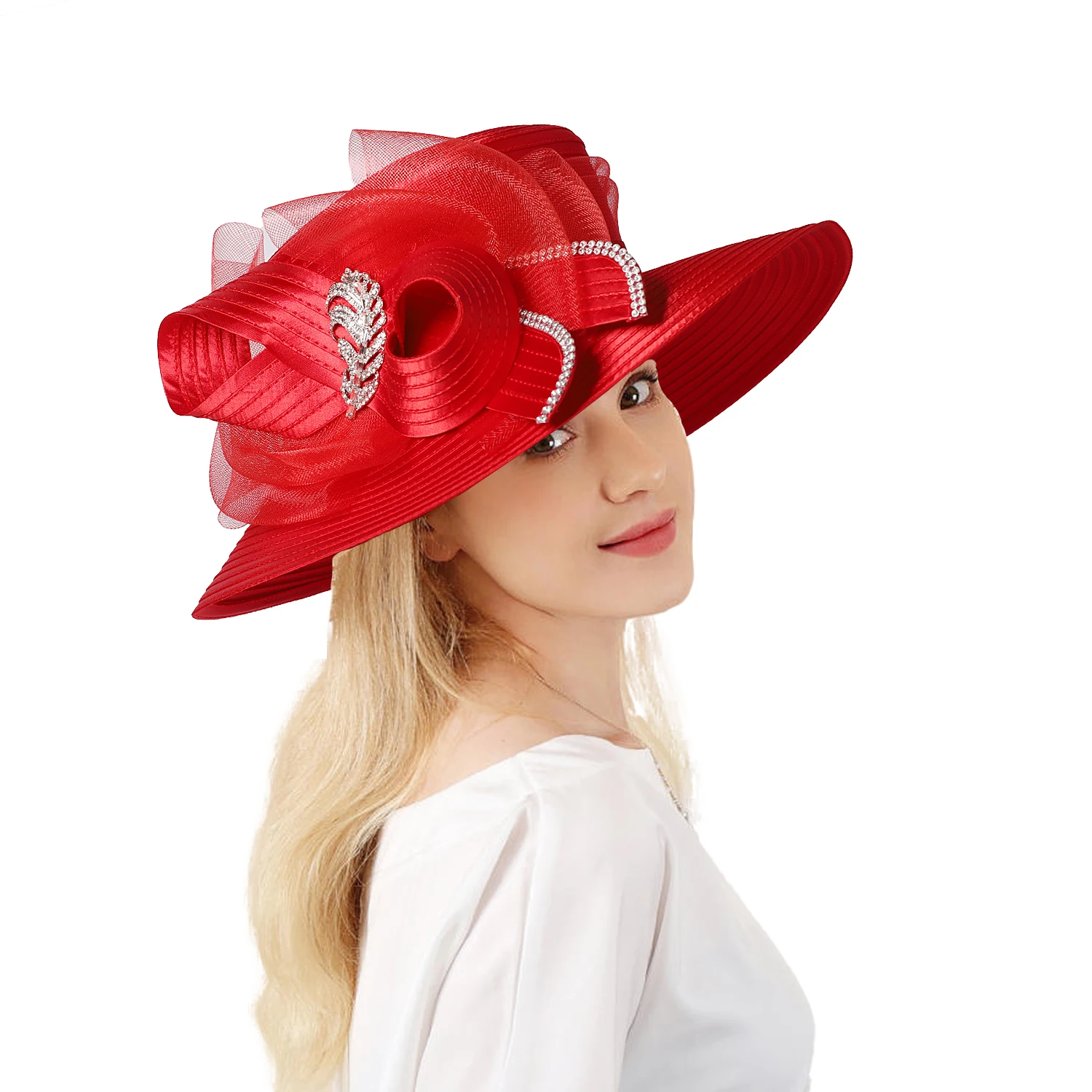 FS Luxury Wedding Bridal Party Hats For Women Bow Bowler Hat Elegant Satin Cloth Wide Brim Flat Top Sun Visor Cap Female Hat