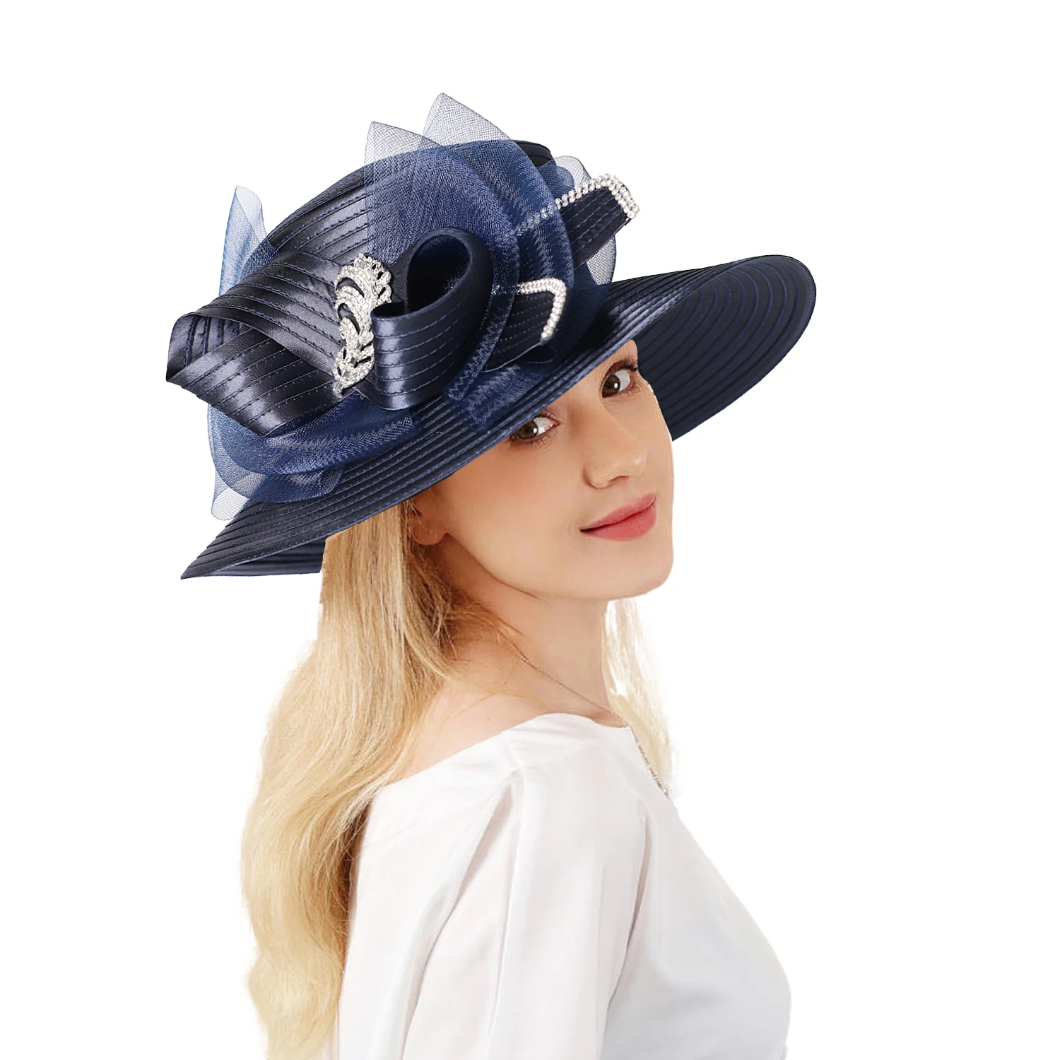 FS Luxury Wedding Bridal Party Hats For Women Bow Bowler Hat Elegant Satin Cloth Wide Brim Flat Top Sun Visor Cap Female Hat