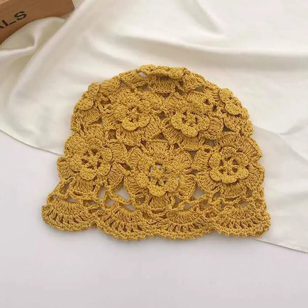 Breathable Hollowed Out Baotou Hat Casual Handmade Knitted Hat Flowers Spring Summer Cap for Women