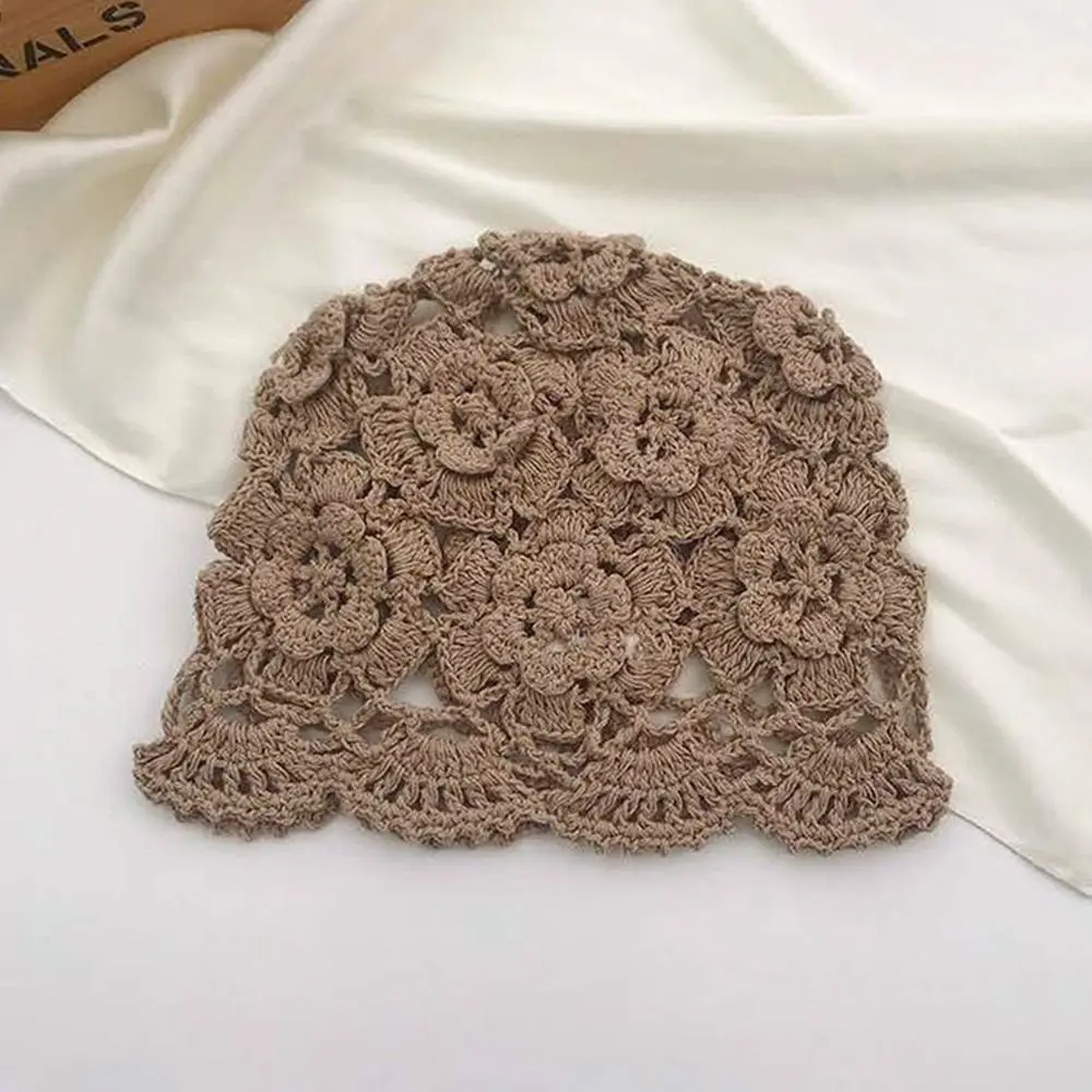 Breathable Hollowed Out Baotou Hat Casual Handmade Knitted Hat Flowers Spring Summer Cap for Women
