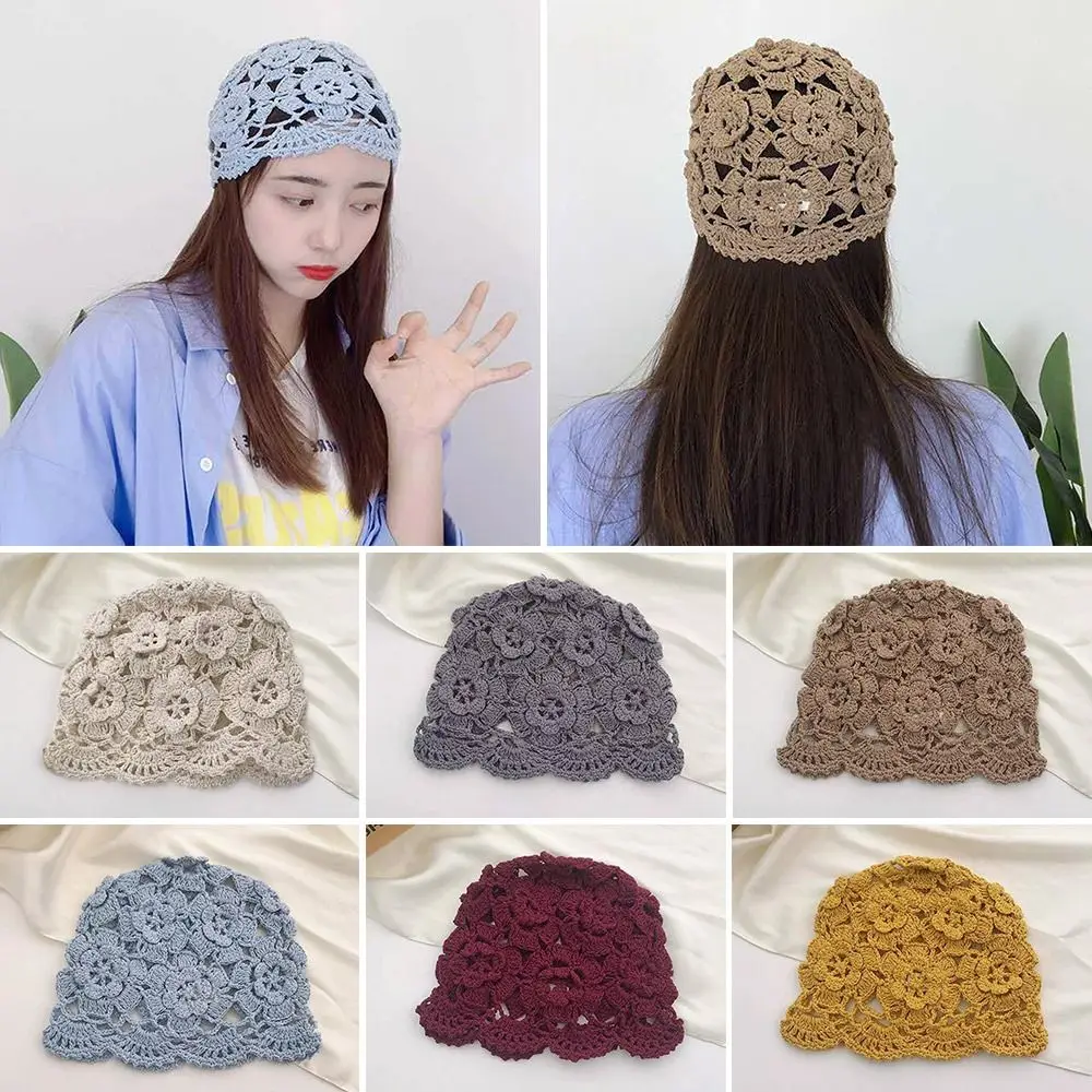 Breathable Hollowed Out Baotou Hat Casual Handmade Knitted Hat Flowers Spring Summer Cap for Women
