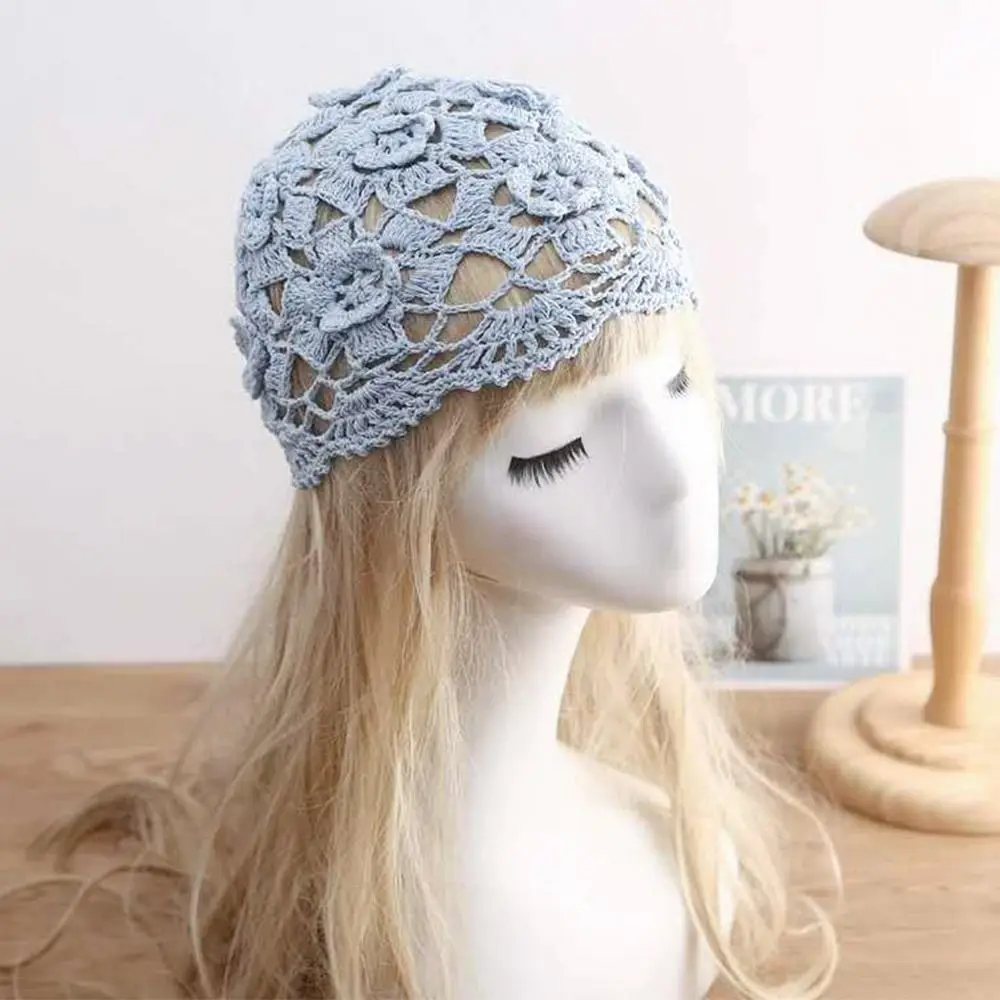 Breathable Hollowed Out Baotou Hat Casual Handmade Knitted Hat Flowers Spring Summer Cap for Women