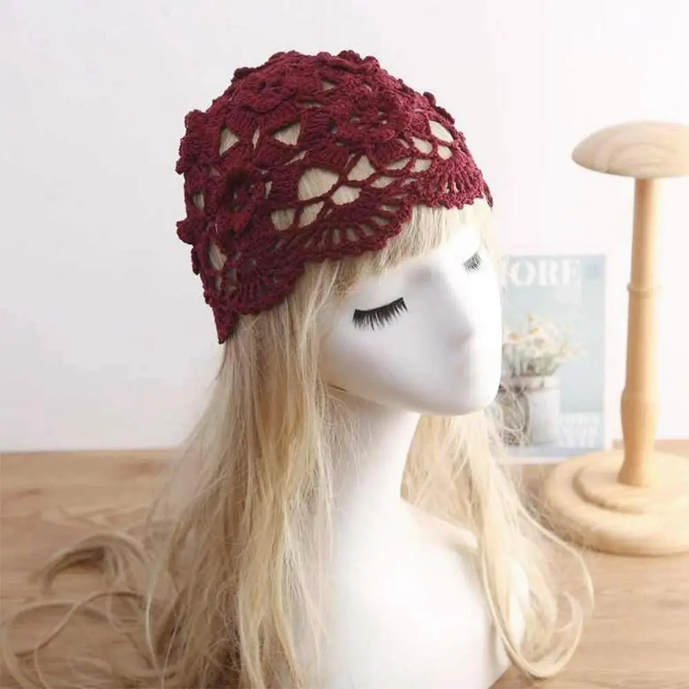 Breathable Hollowed Out Baotou Hat Casual Handmade Knitted Hat Flowers Spring Summer Cap for Women